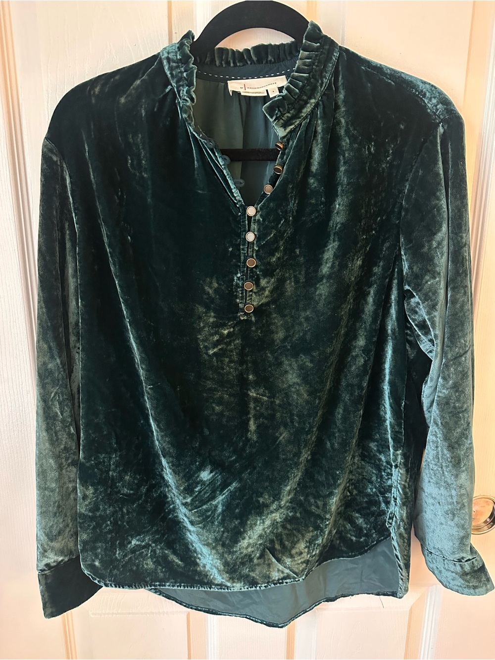 Anthropologie Velvet ruffle neck blouse